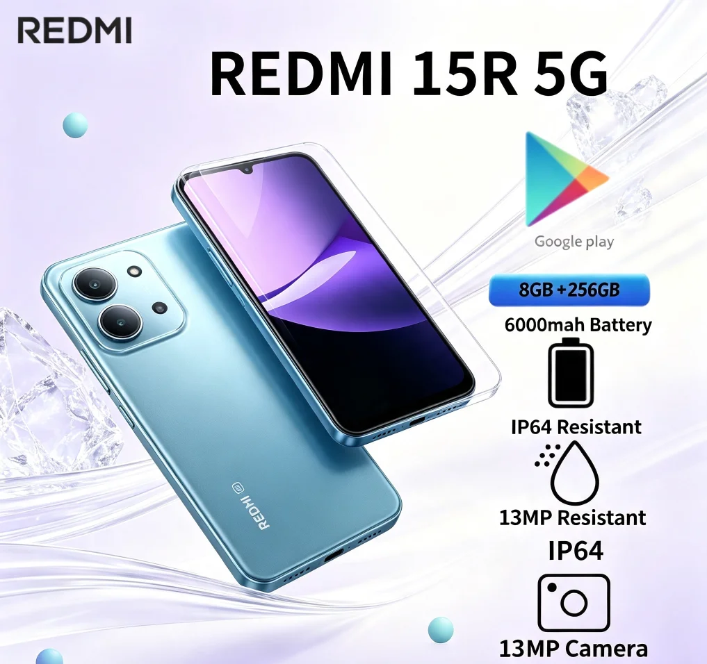 New Arrival 2026 Redmi 15R Global Unlocked Smartphone 8+256GB Storage Dual SIM Design 6.9'' Big LCD Display Dimensity Chip 13MP