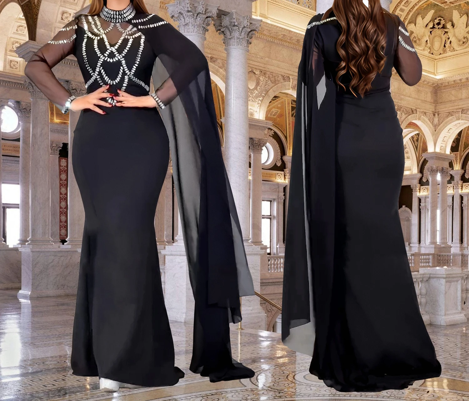 Mode Damesjurken Diamant Elegante Feestjurken Luxe Huwelijksceremonie Jurken Sjaal Lange Verjaardag Avondjurk HXY264