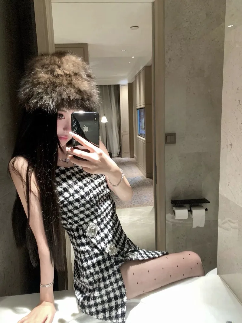 

Sweet Hot Girl Elegant Houndstooth Sleeveless Dress Women's Autumn Diamond Button Slim Fit Short Dress Fashion Female Clothes