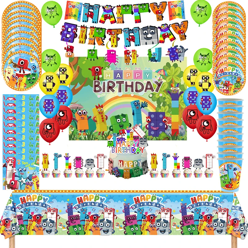 Number Building Blocked Birthday Party Decoration Balloon Backdrop Tableware Cake Topper Party Supplies Baby Shower