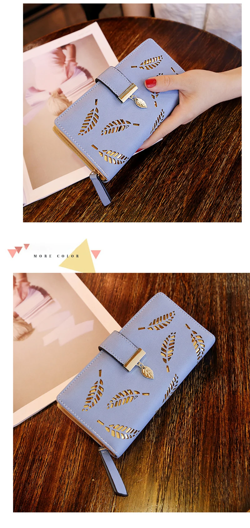 Damen-Geldbörse aus PU-Leder, lange Geldbörse mit goldenem Hohlblattmuster, Clutch-Geldbörse, multifunktionaler Kartenhalter, Münzfach für Damen – Detail 13
