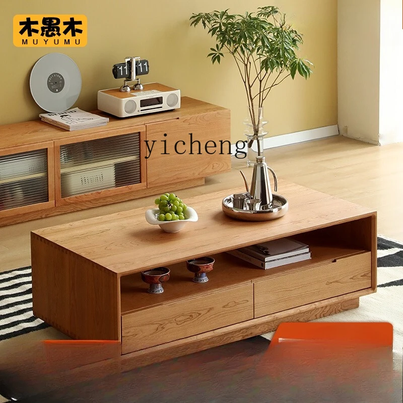 

ZK Nordic Solid Wood Coffee Table Simple Multifunctional with Drawer Living Room Coffee Table Natural Wood Furniture