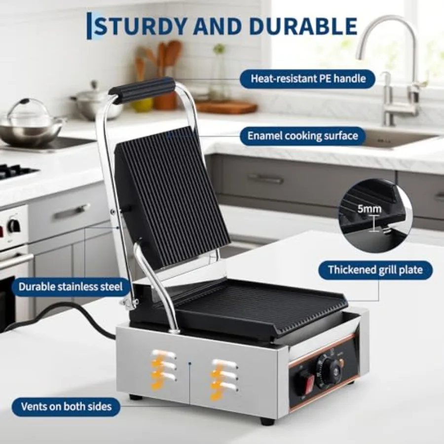 Commercial Panini Press Grill with 9 x 9 Full Grooved Enamel Plate  Breakfast Sandwich Maker with Handle and 6 Temp Set
