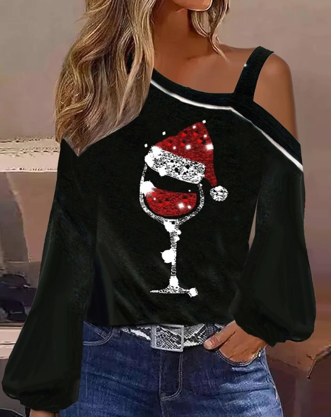 

Christmas Wine Glass Print Fashion Woman Blouse 2023 Spring Cold Shoulder Casual Long Sleeve Daily Tee Top Y2K Clothes