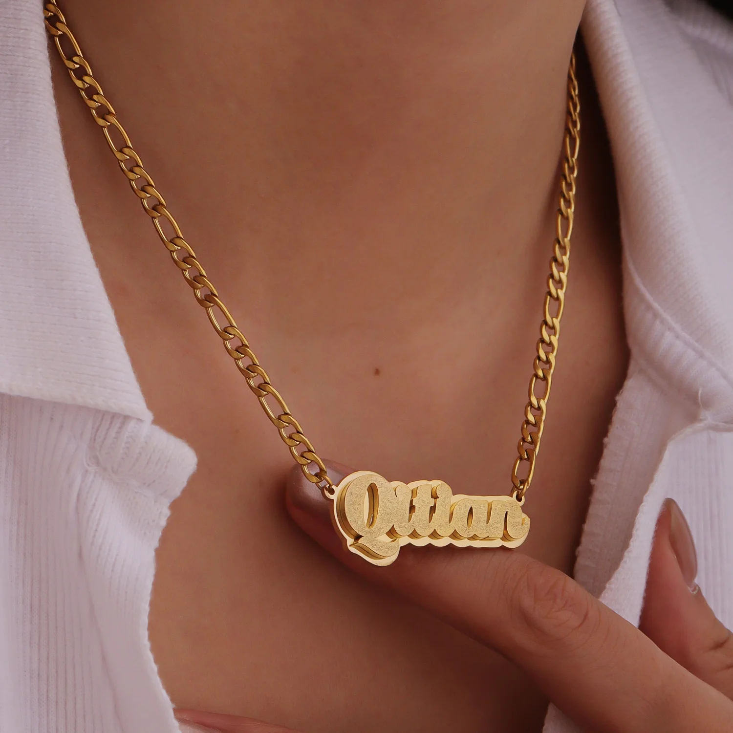 Personalized Double Layer Name Necklace for Women 18K Gold-Plated Stainless Steel Jewelry with Frosted Pendant Customizable Gift