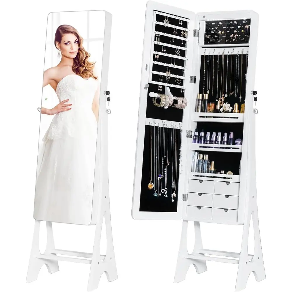 ull Length Mirror lry Armoire Cabinet Standing Organizer | Lockable lry Storage or Women Girl ull-Length elLED Lights 6 Ders Whi