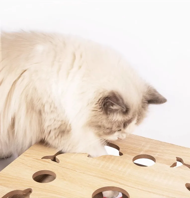 Wooden Cat Puzzle Box Toy Interactive Whack A Mole Game with Balls Indoor Kitten Enrichment Toy Relieve Boredom Consume Energy