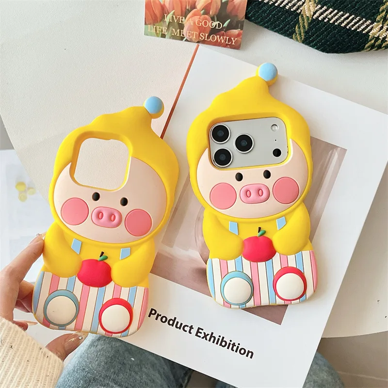Cute Cartoon Striped Overalls Pig Soft Silicone Phone Case For iPhone 17 16 15 14 13 Pro Max Plus Shockproof Protective Cover