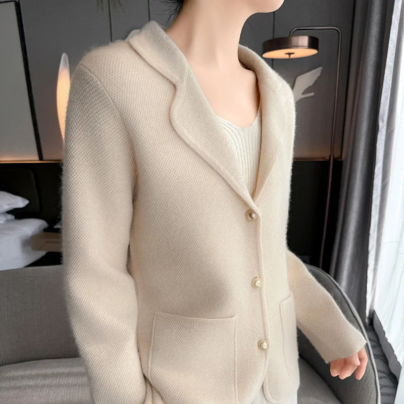 Autumn Winter New Cashmere Sweater Women's Suit Collar Knitted Cardigan 100% Merino Wool Thick Tops Fashionable Honeycomb Jacket