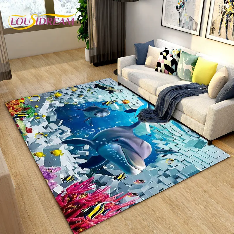 

Underwater World 3D Seabed Illusion Dolphin Shark Area Rug,Carpet Rug for Living Room Bedroom Sofa Doormat,Non-slip Floor Mat