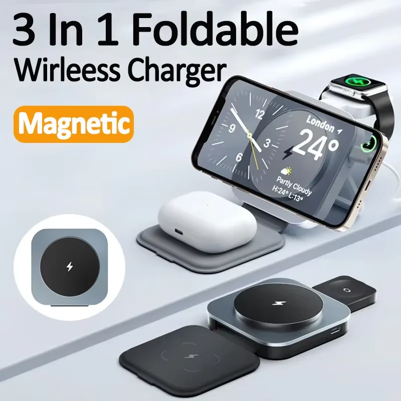 3 In 1 Magnetic Wireless Charger Pad Stand For iPhone 15 14 13 Pro Max IWatch 8 7 6 5 AirPods 2 Foldable Fast Charging Station