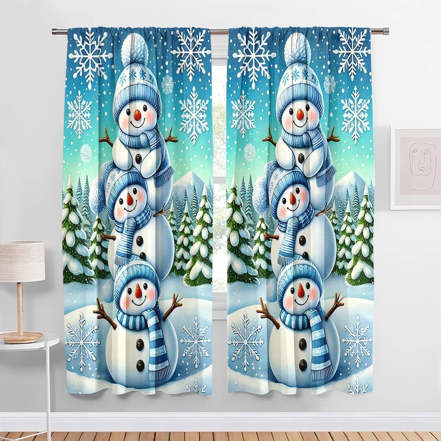 2PCS Blue Stacked Snowmen Curtains, Three Snowman Snowflake Forest Christmas Window Drapes for Kids Bedroom Living Room