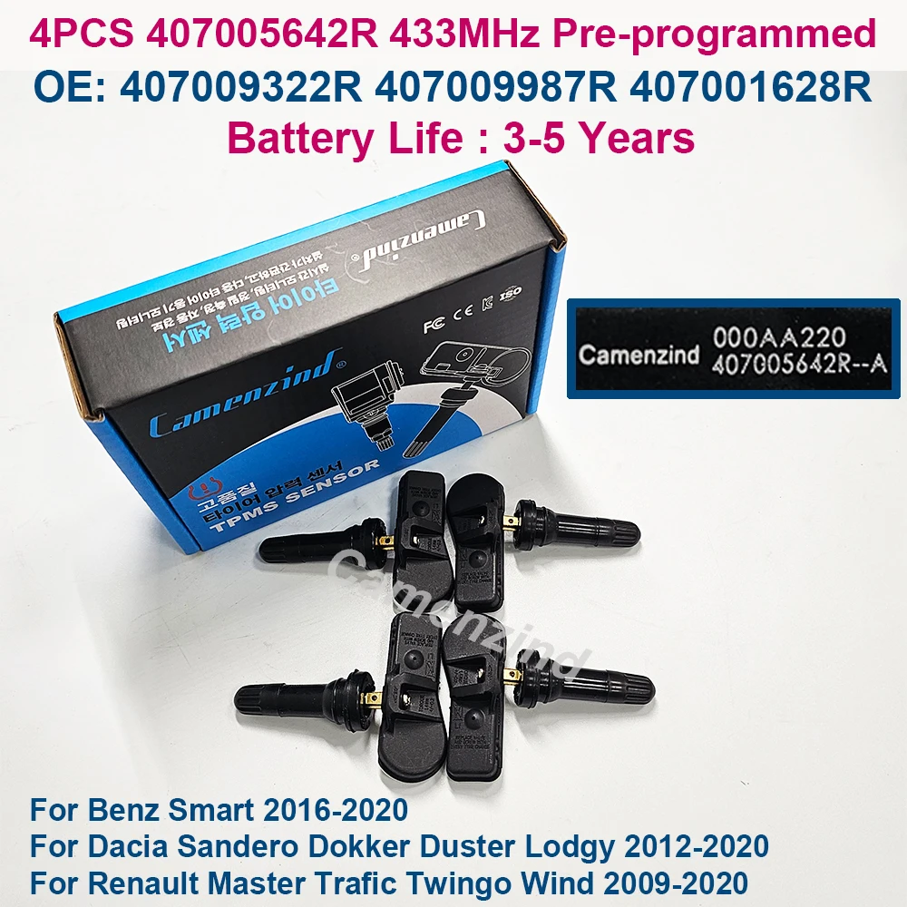 

4Pcs 433MHz TPMS Sensors 40700-5642R 407005642R 407009322R 407009987R 407001628R For Smart Renault Trafic Wind Dacia Lodgy 2020