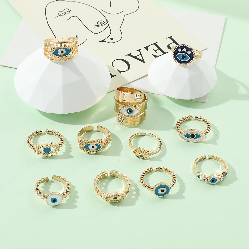 Trendy Hollowed Out Blue Enamel Evil Eye Ring Women Gold Color Plated Fashion Jewelry For Girl Party Gift