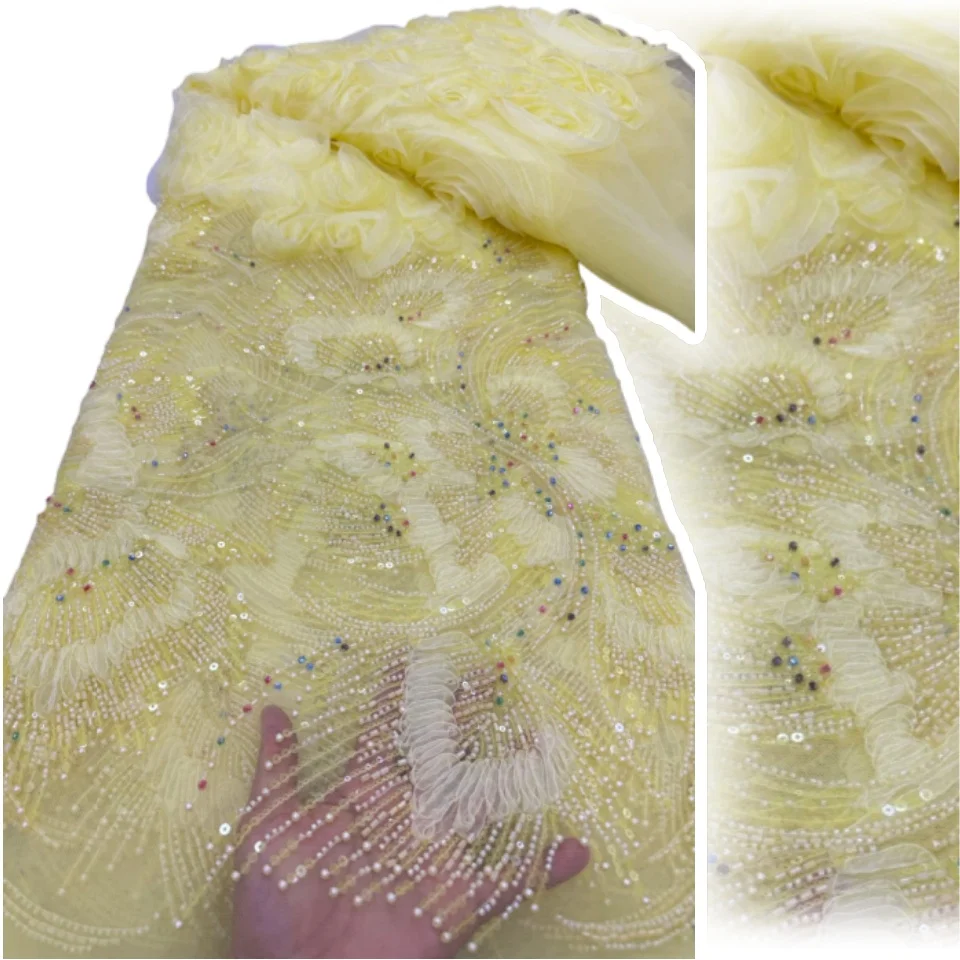 

Blue Nigerian African Lace Fabric High Quality 3D Flower Sequins Embroidery Beads Tulle Lace Fabric for Party Dress Sew 2134