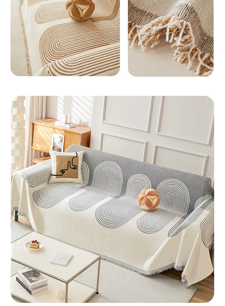Bohemian Style Thickened Chenille Sofa Cover Geometric Arch Pattern Sofa Towel Woven Tassel Blanket All Season Couch Protector
