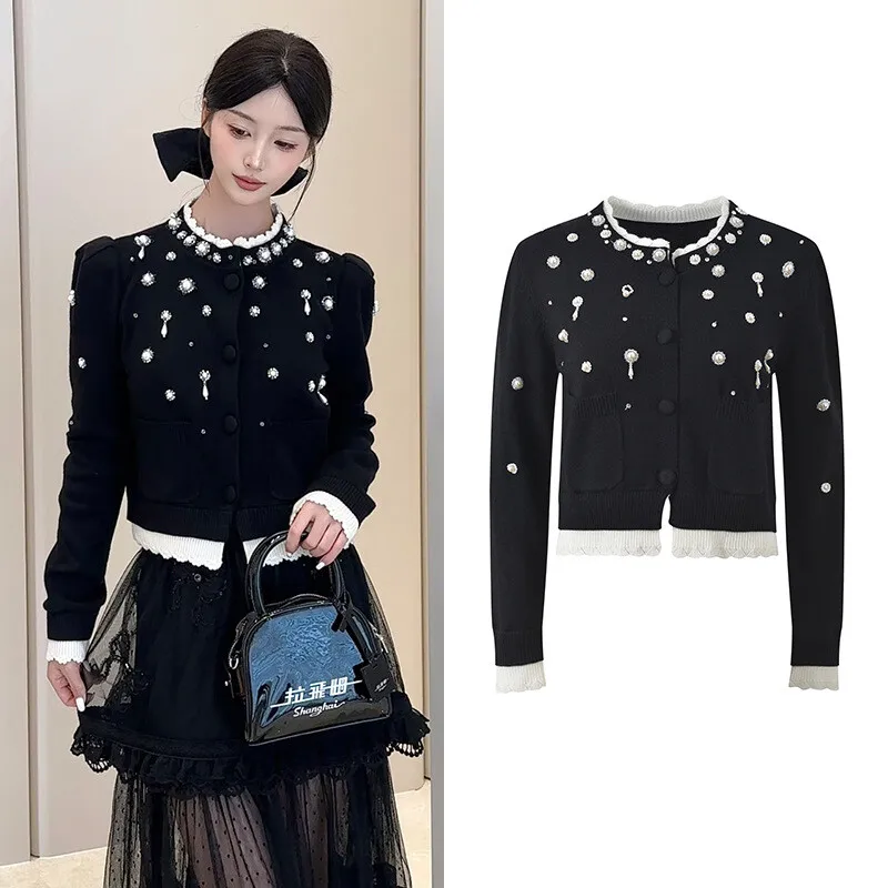 

CHUJIE 2022, осень-зима, новый дизайн, расшитый бисером, черный/белый цветной блок, элегантный универсальный облегающий вязаный кардиган, топ