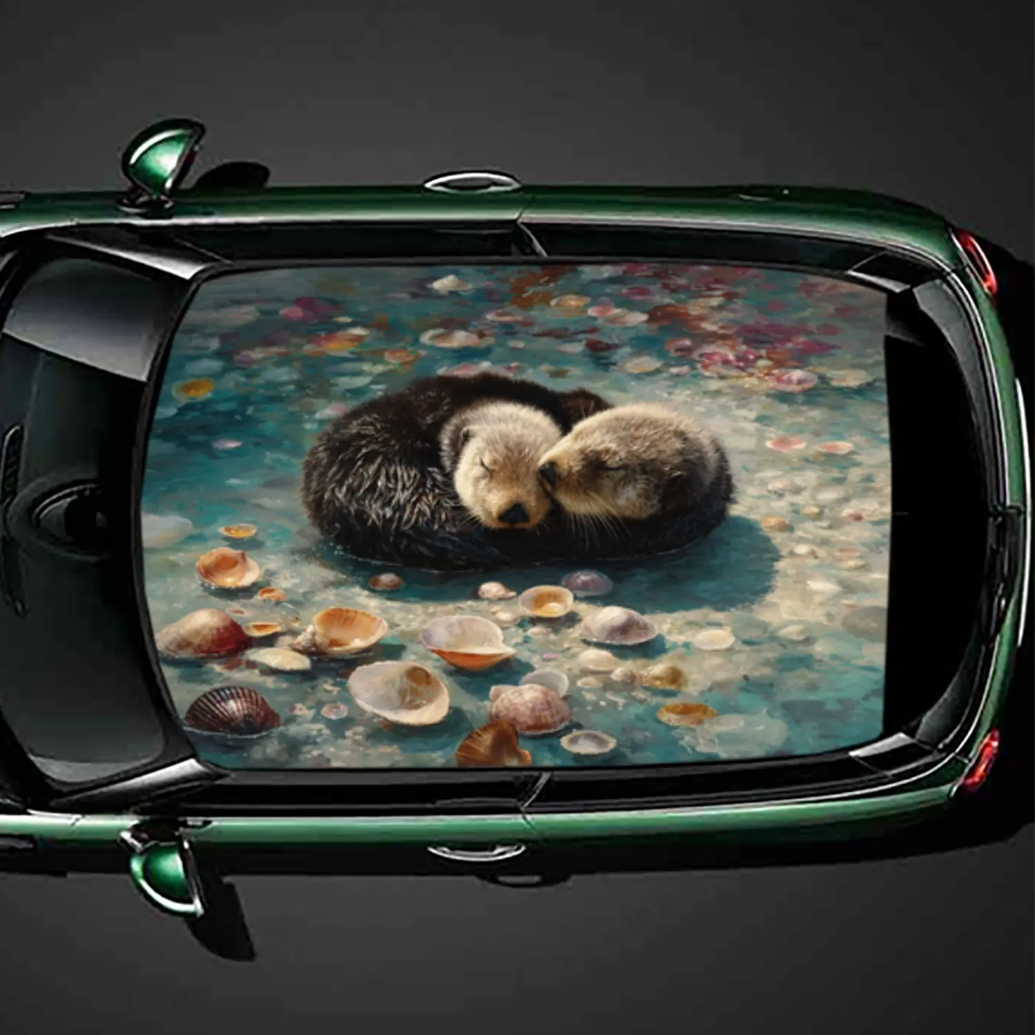 Adorable Nature Otters in A Shell Filled Pond  Car Roof Sticker PVC Self Waterproof stick , Striking Auto Exterior Accessories D