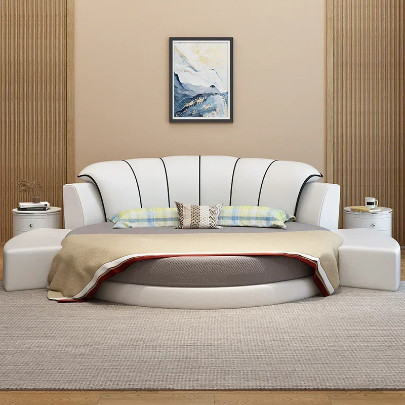 Aesthetic Leather Luxury Double Bed Modern Loft Adult Queen Round Bed Frames Mattress Organizer Service Muebles Hotel Furniture
