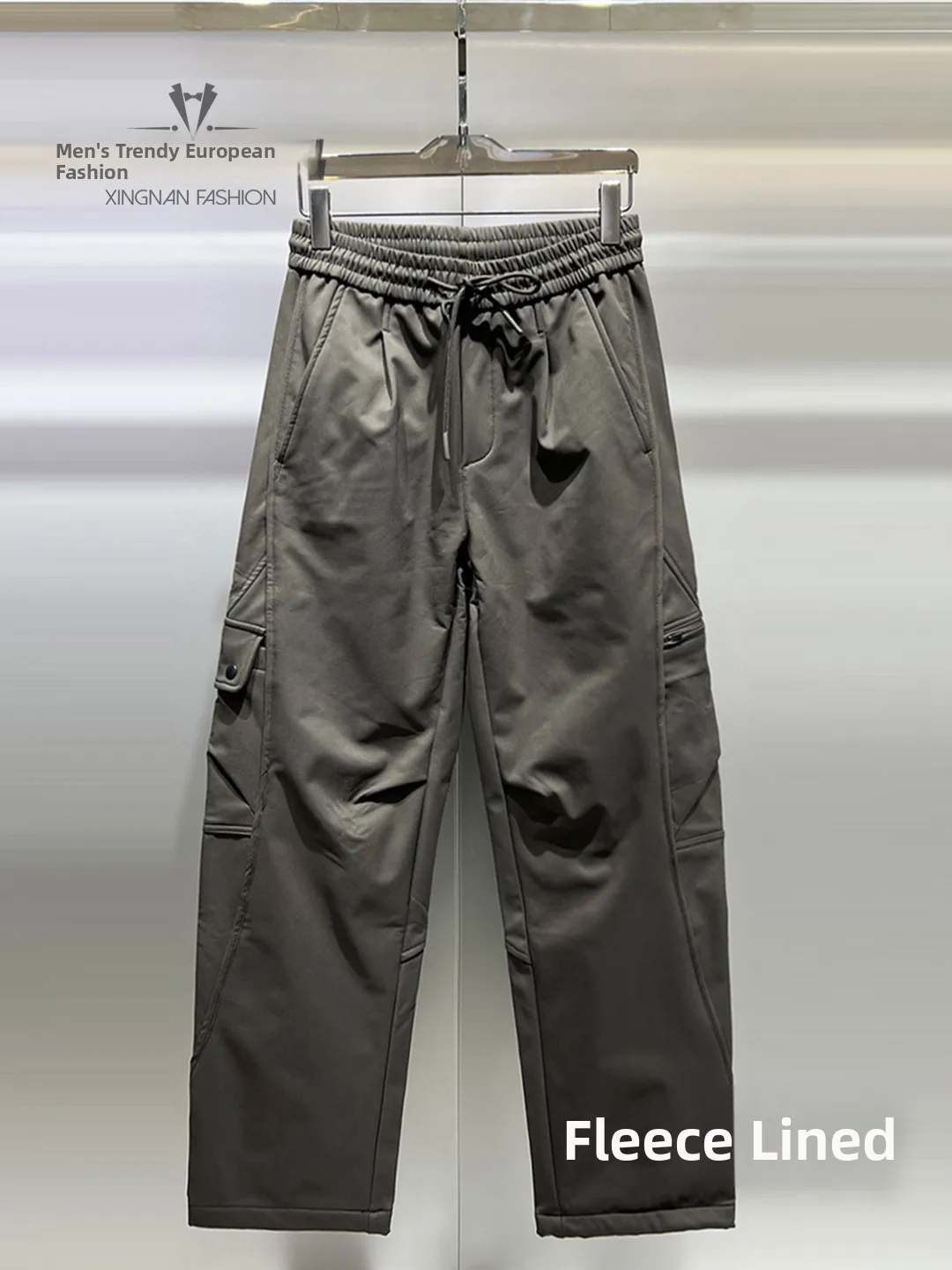 

Men's Fleece Lined Wide Leg Pants Straight Cut Multi Pocket Warm Casual Winter Trousers Loose Fit Knife Pants