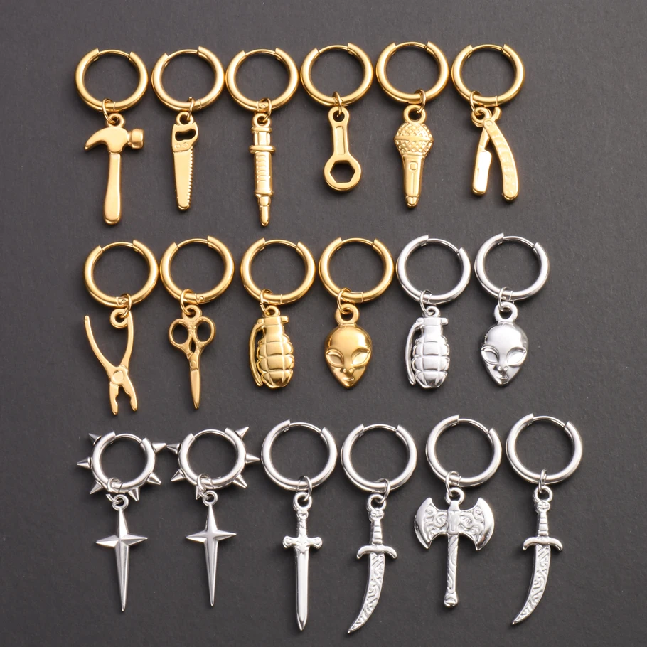 1Pair Hip Hop Scissors Wrench Hammer Asymmetric Men Hoop Earrings Punk Rock Halloween Axe Sword Cross Ear Aretes mujer Jewelry