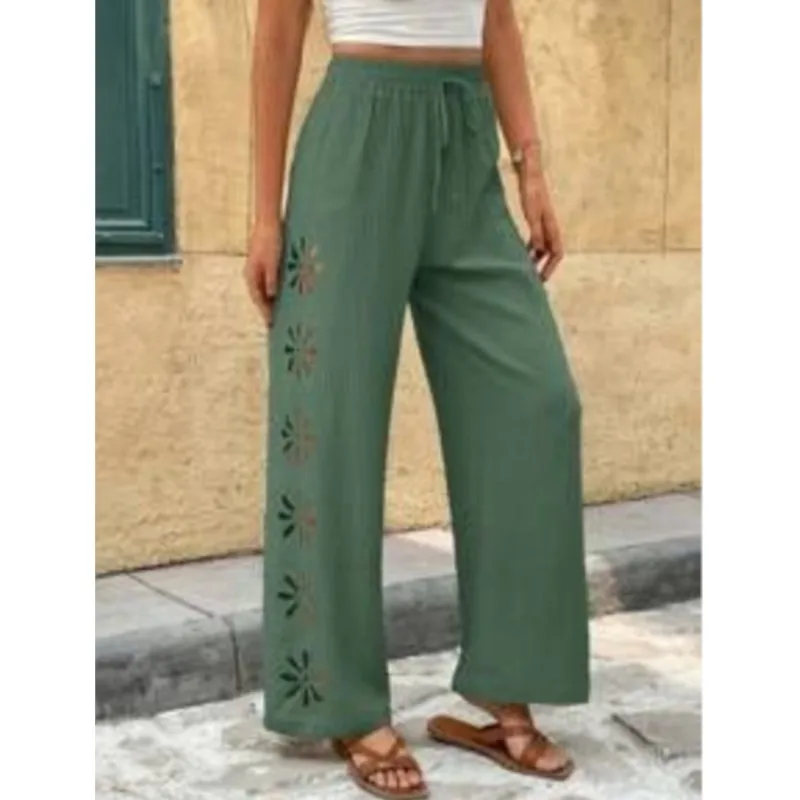 

Women's Casual Wide Leg Pants With Floral Cutout Drawstring Elastic Waist Loose Trousers Summer Solid Color Beach Boho Pants