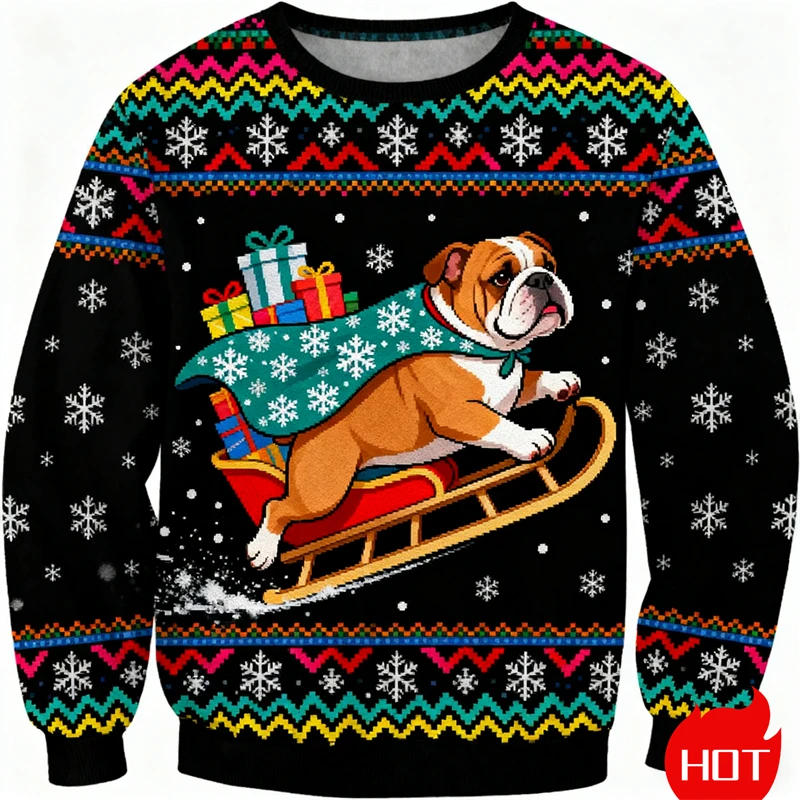

3D Print Cartoon Bulldog Graphic Ugly Christmas Sweater For Men Women Animal Dog Xmas Sweatshirts Winter Pullovers Tracksuit