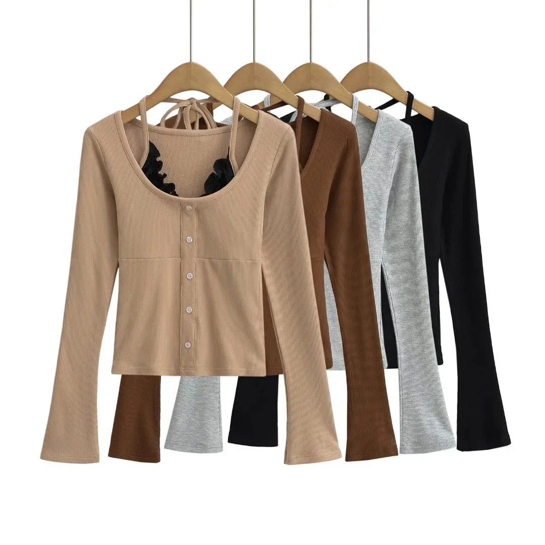 American-style sexy faux two-piece lace buttoned fleece-lined long-sleeve women halter neck single-breasted sexy bell-sleeve PZ