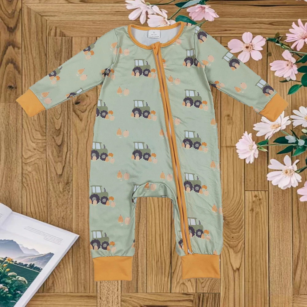 

9.10 Baby Winter Rompers Baby Boys Green Long Sleeves Pumpkins Trucks Zipper Rompers