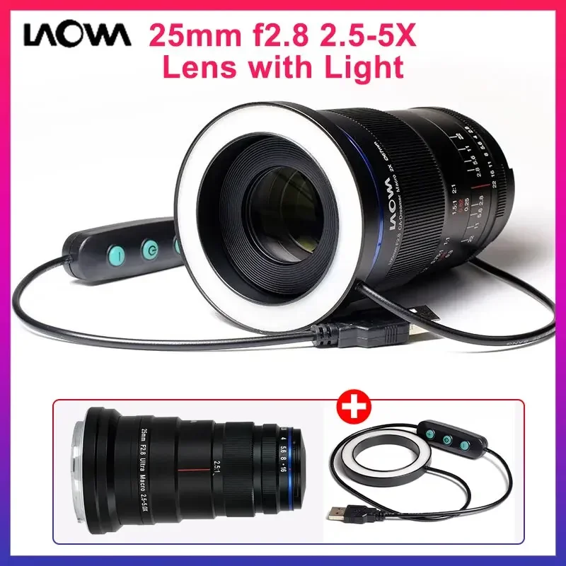 Laowa 25mm f2.8 2.5-5X Ultra Macro Lens with Mount and light