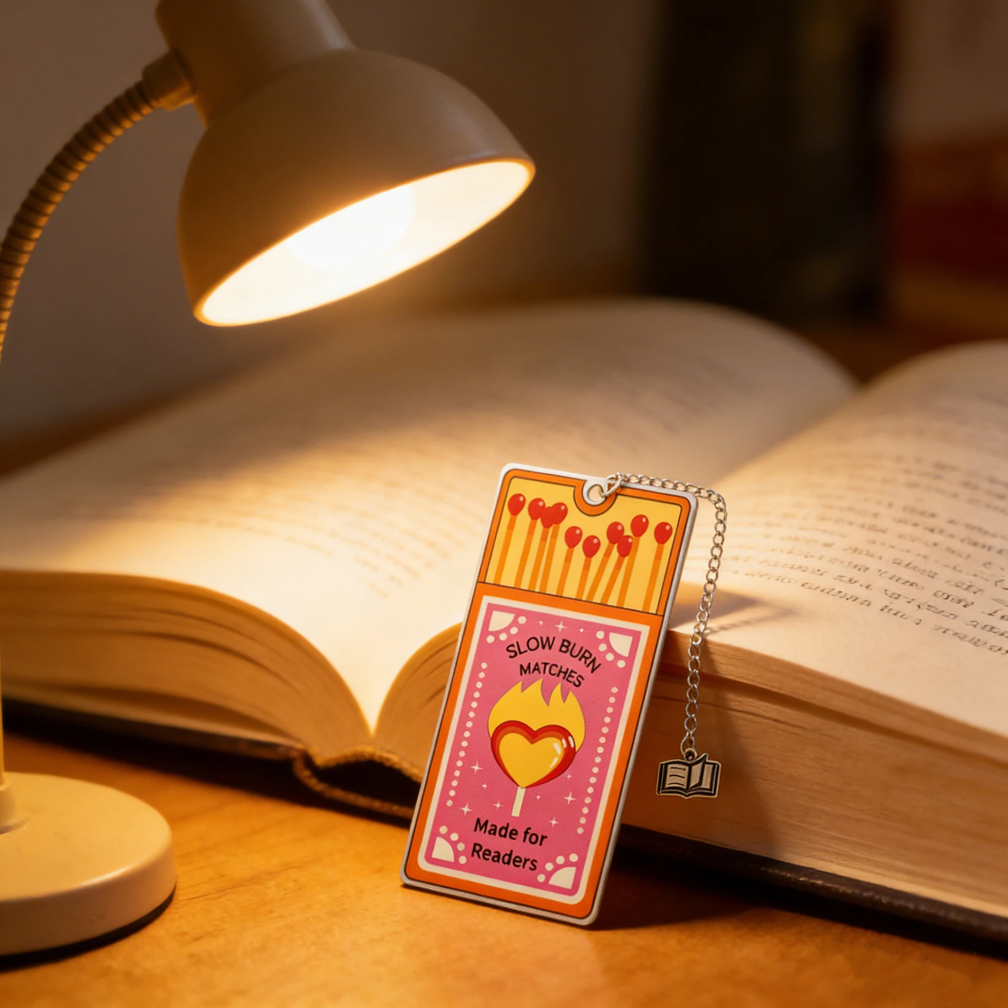 Caja de cerillas de combustión lenta con marcapáginas metálico y colgante de libro - Regalo temático de lectura adorable para amantes de la lectura y el romance