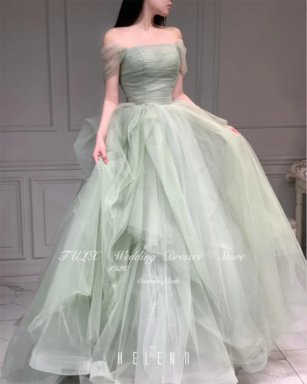 TULX Fairy Green Tulle Evening Dress Korea Photo Shoot Strapless Off Shoulder Bridal Party Dress A line Log Corset Customized image 2