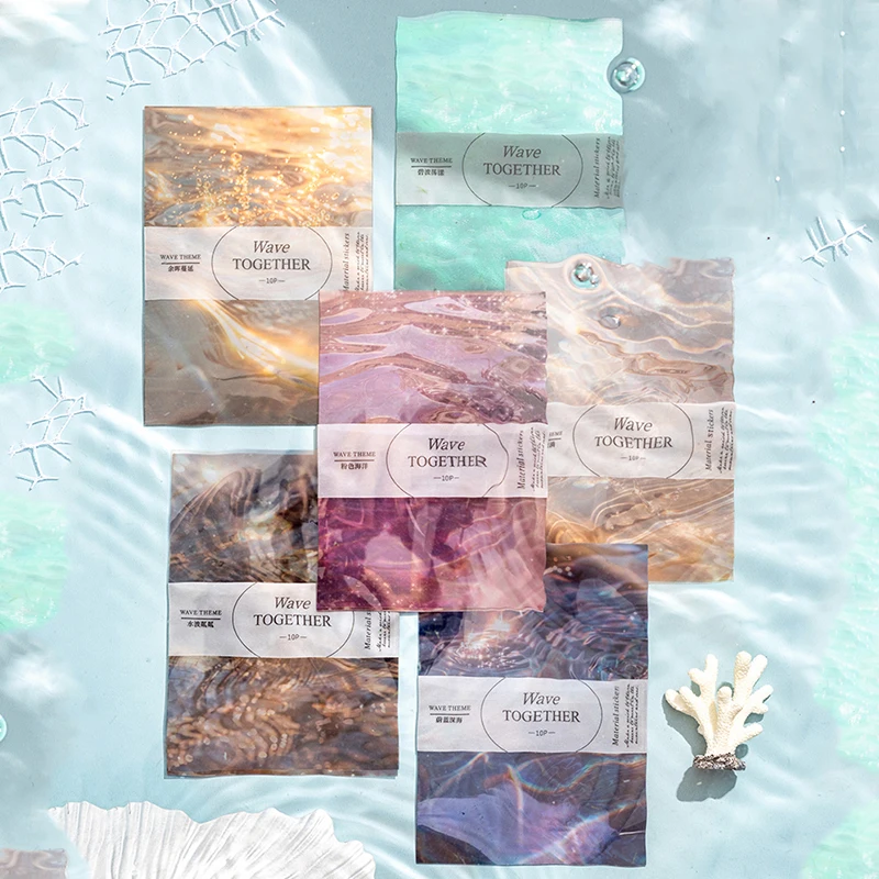10Pcs Ocean Wave Theme Background Stickers, Vivid Sea Wave Patterns, for Journal Scrapbooking DIY Album Decor