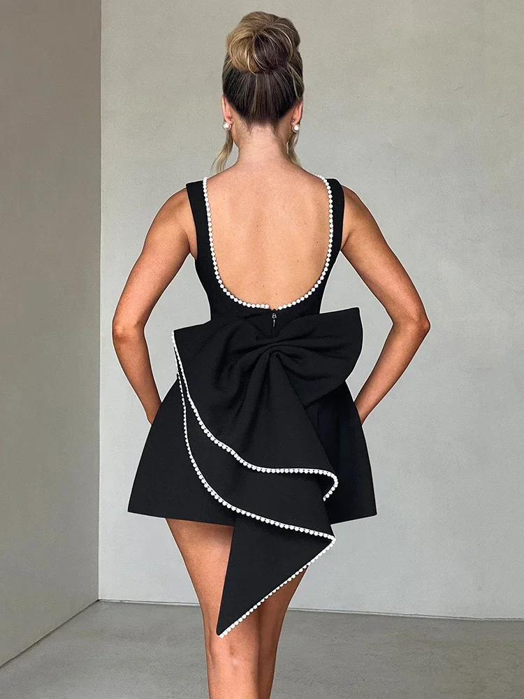 Leosoxs Pearl Bow Backless Sexy Mini Dress for Women Robe Fashion Zipper Sleeveless High Waist A-line Club Party Dress Elegant