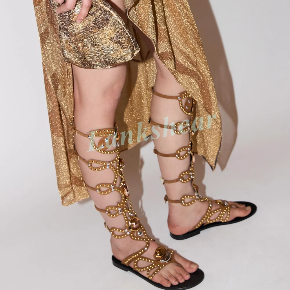 Cutout Knee High Gladiator Sandals Flat Boots for Ladies Flip Flop Thong Open Toe Hollow Wavy Strap Bohemian Statement Footwear
