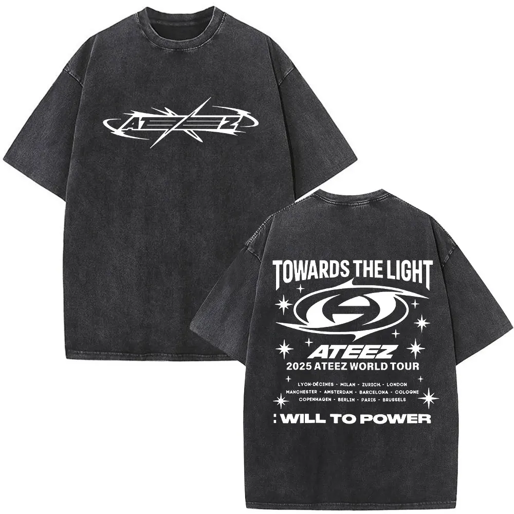 2025 Ateez World Tour Towards The Light: Will To Power Washed T-shirts Men Women Korean Kpop Fashion T Shirt Cotton Cozy T-shirt