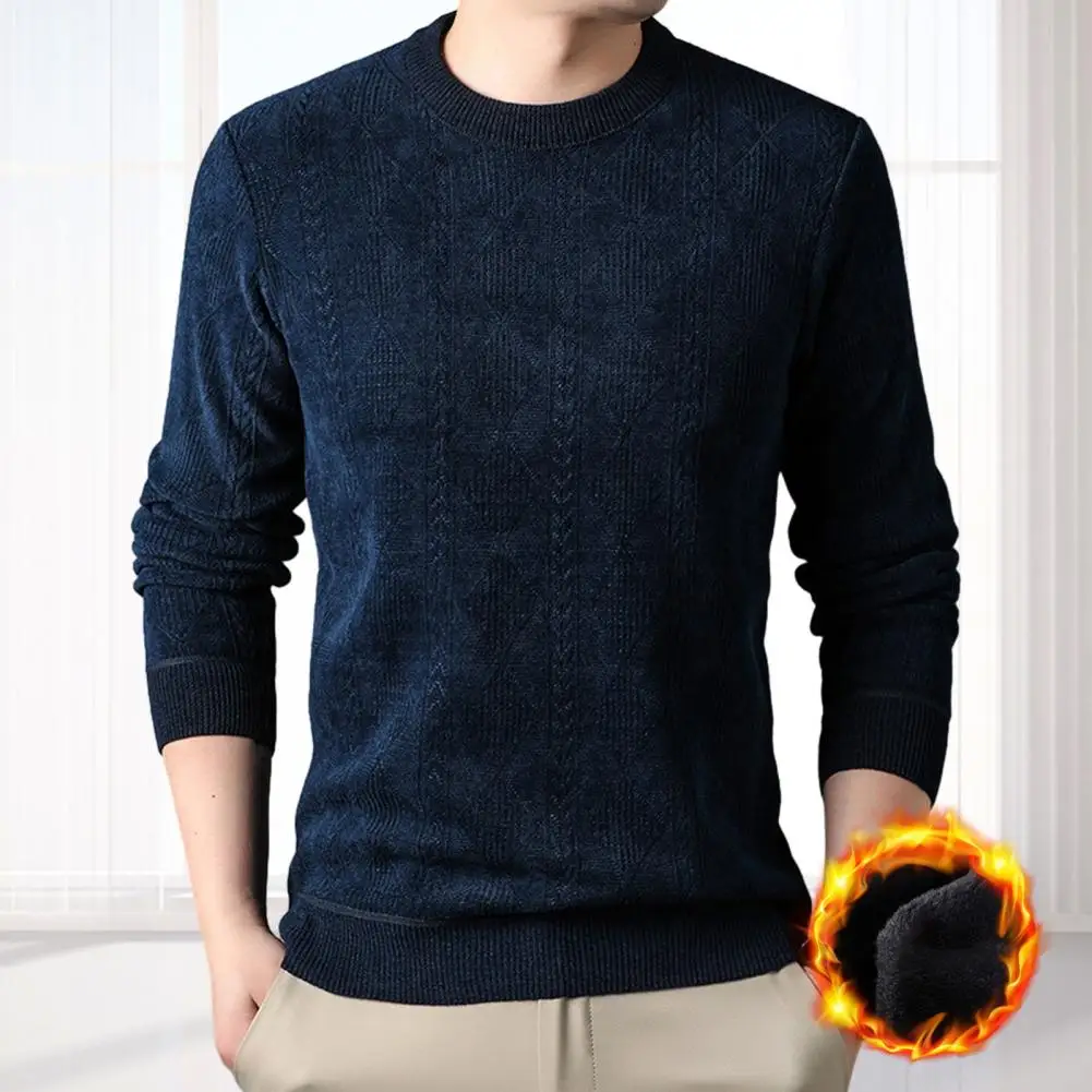 

Men Long Sleeve Sweater Versatile Men's Casual Warm Sweater with Thicken Plush Lining Jacquard Texture Knitting Tops for Autumn