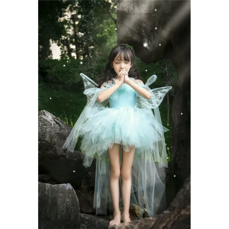 Mint Green Fairy Dress for Girls with Butterfly Wings Kids Elf Costume Cosplay Outfit Children Photography Party Skirt Size 6