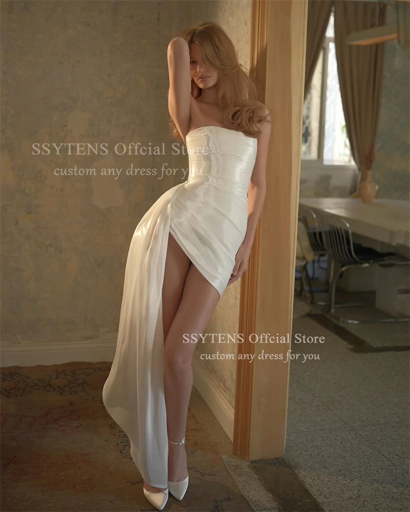 SSYTENS-Vestidos De Novia sexys sin tirantes, Robe De Mariée corto De satén con purpurina, Mini Vestidos De Novia con cordones en la espalda y espalda descubierta personalizados