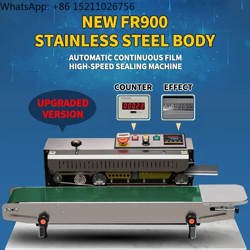 FR-900 Stainless Steel Continuous Heat Band Sealer Automatic Printing Film Kraft PE Plastic Pouch Horizontal Sealing Machine