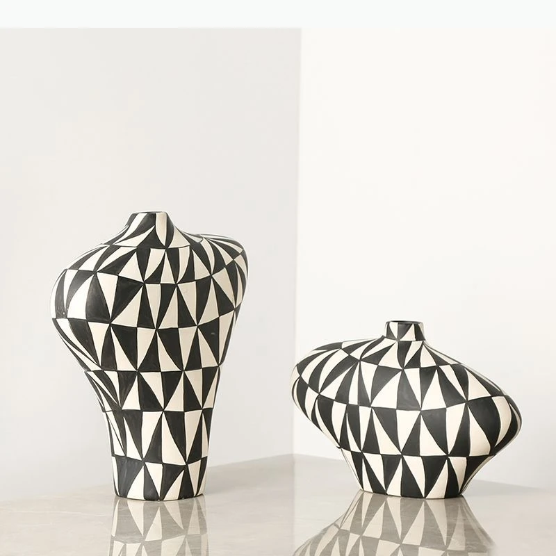 Ceramic Vase Geometric Check Flower Vase Ceramic Handicraft Flower Arrangement Home Decoration Accessories