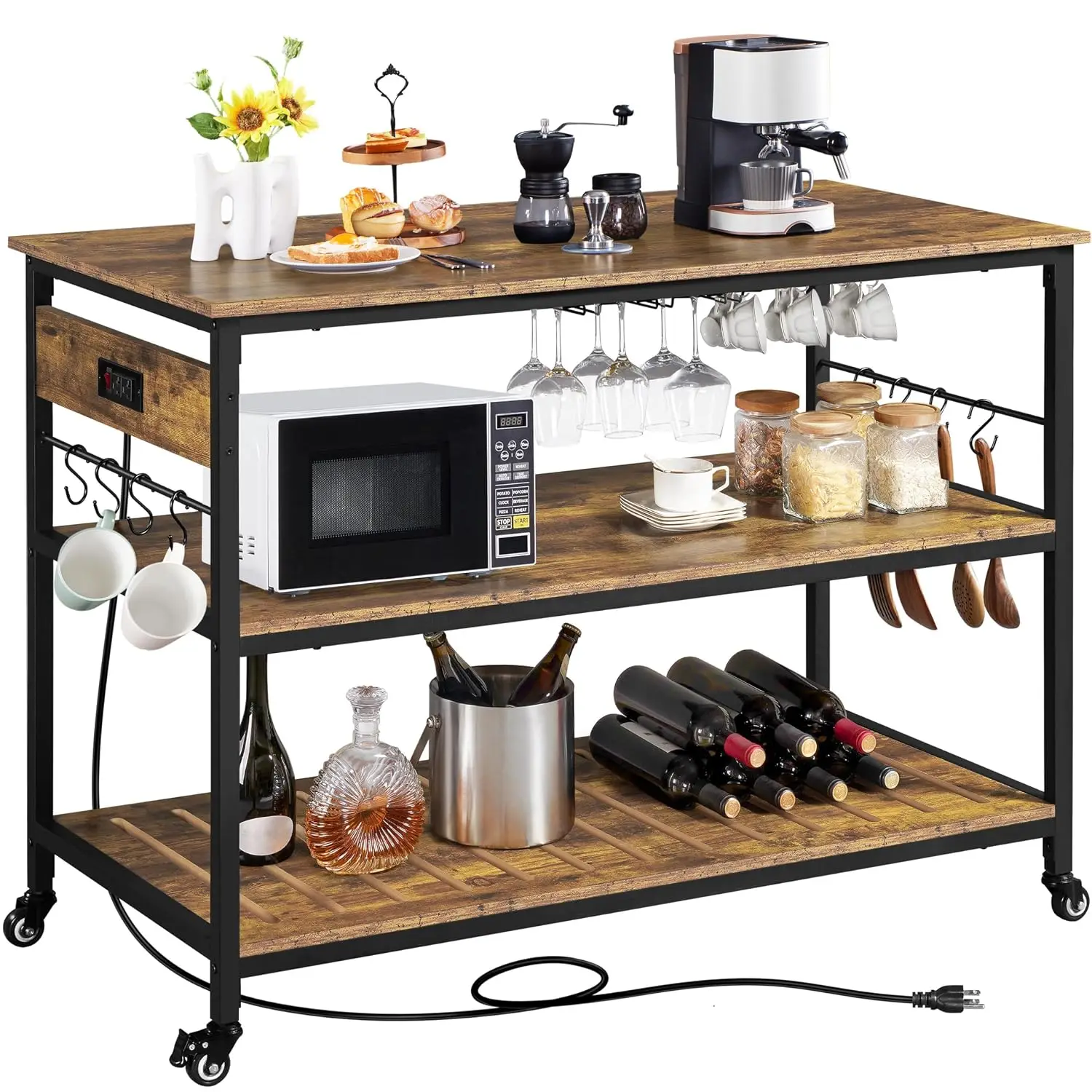 Kitchen Island with Power Outlet & 3 Shelves, Rustic Brown, Customized