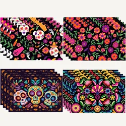 4pcs Table Mat Mexican Style Colorful Skull Placemats Day Of The Dead Decoration And Supplies For Home Halloween Decor