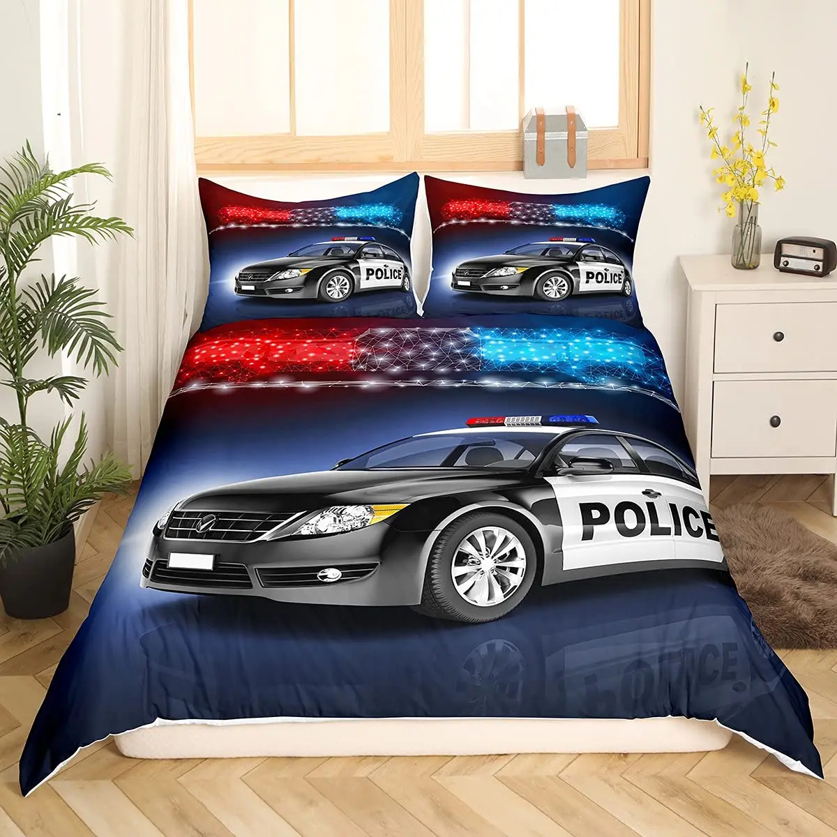 Policeman Car King Queen Duvet Cover Cartoon Black Police Car Bedding Set Boys Red Blue Cop Lights 2/3pcs Polyester Quilt Cover