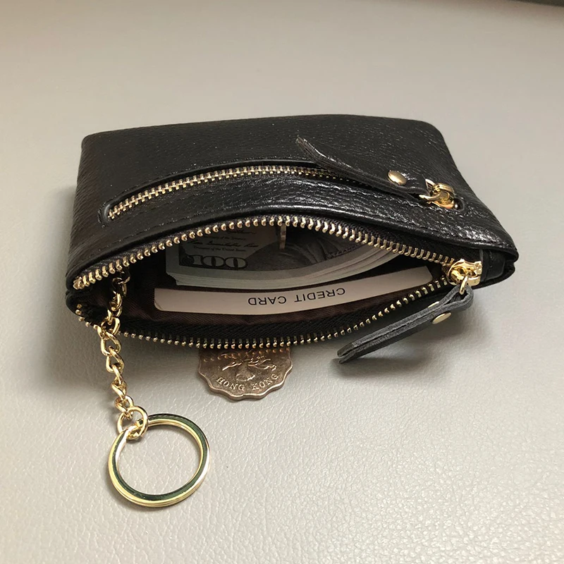 

Genuine Leather ID Card Holder Women Wallet Coin Purses Key Chain Pendant Homemade Zipper Ladies Money Bag Pouch Ins Japan Kpop