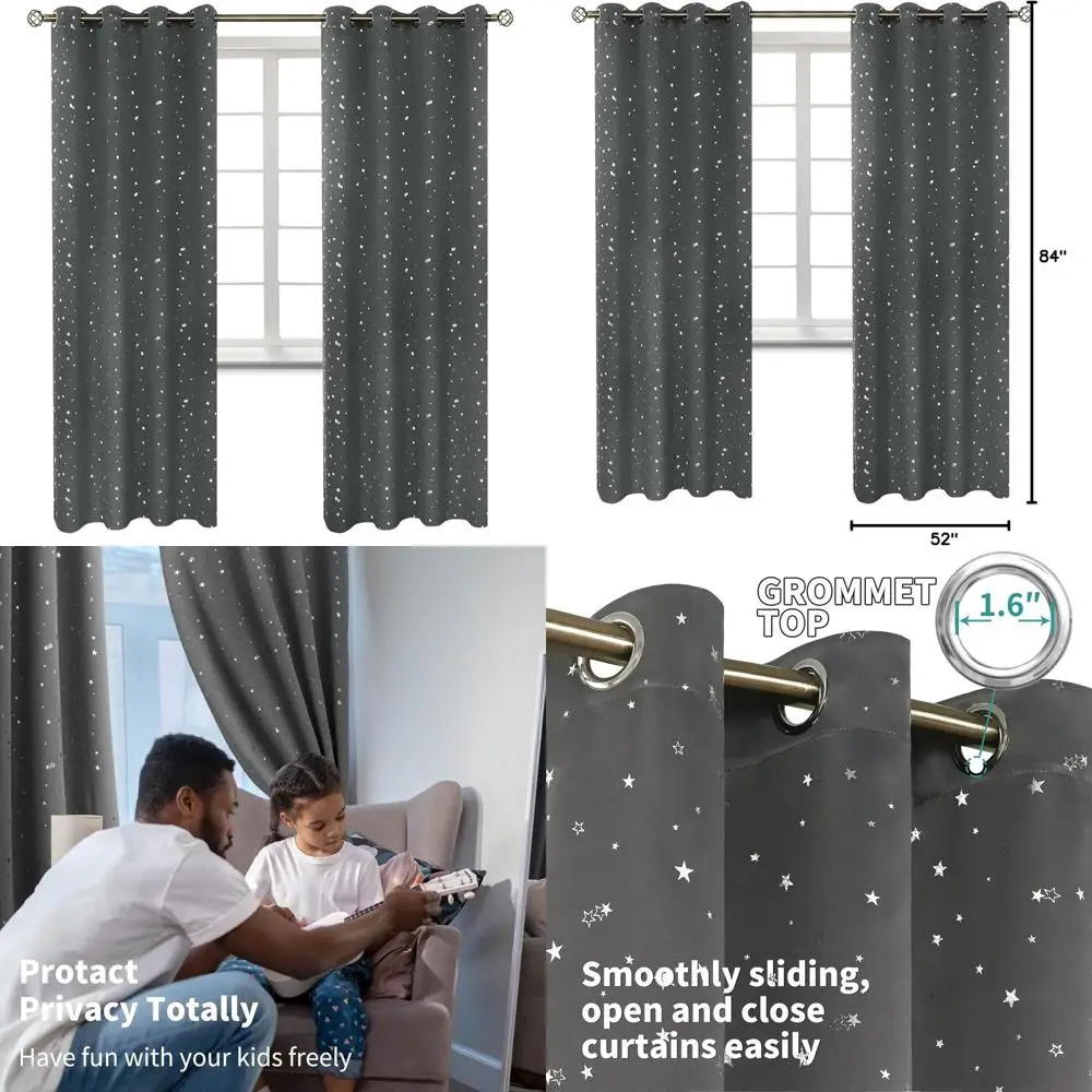 

Термоизолированные шторы с серебряной звездой, затемняющие шторы для детской спальни, 52x84 дюймов, темно-серые, 2 панели