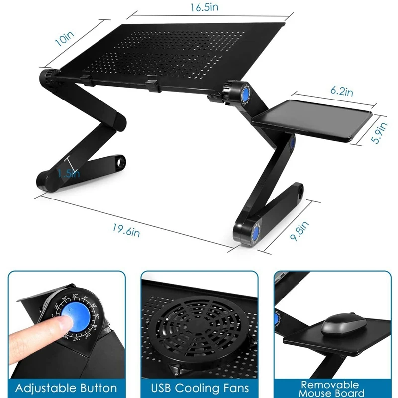 Adjustable Laptop Bed Table Computer Stand, Laptop Notebook Stand Reading Holder With Large Cooling Fan & Mouse Pad