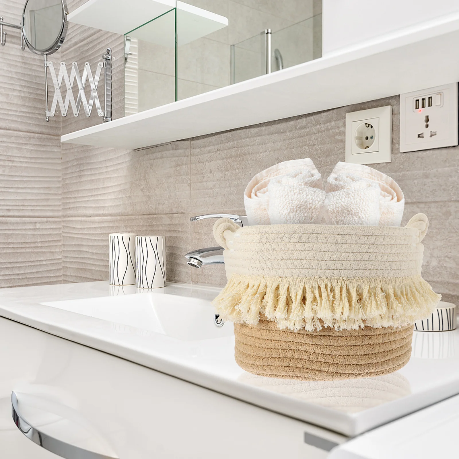 

Cotton Rope Woven Storage Basket Bohemian Style Sundry Organizer For Home Bedroom Bathroom Desktop Macrame Bins