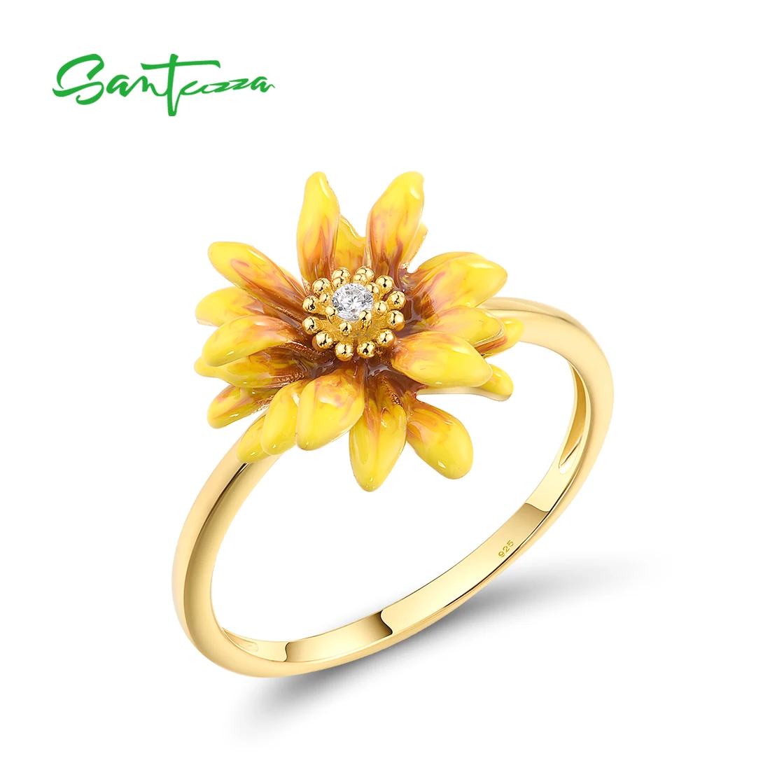 

SANTUZZA Real 925 Sterling Silver Rings For Women Sparkling White CZ Yellow Enamel Exquisite Flower Wedding Party Fine Jewelry