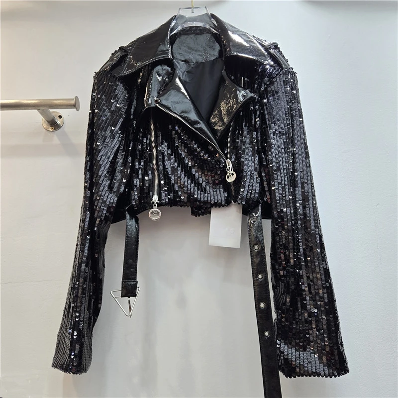 Heavy Work Sequins Short Jacket With Belt Women Slim Autumn Fashion Faux PU Leather Notched Collar Patchwork Female Cropped Coat